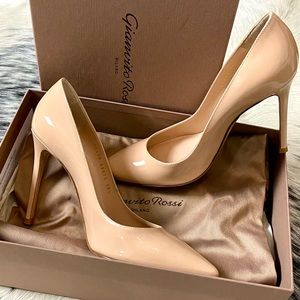 GIANVITO R0SSI 105MM PATENT LEATHER PUMPS, IT/38.5 US/8-8.5 NUDE NIB!!